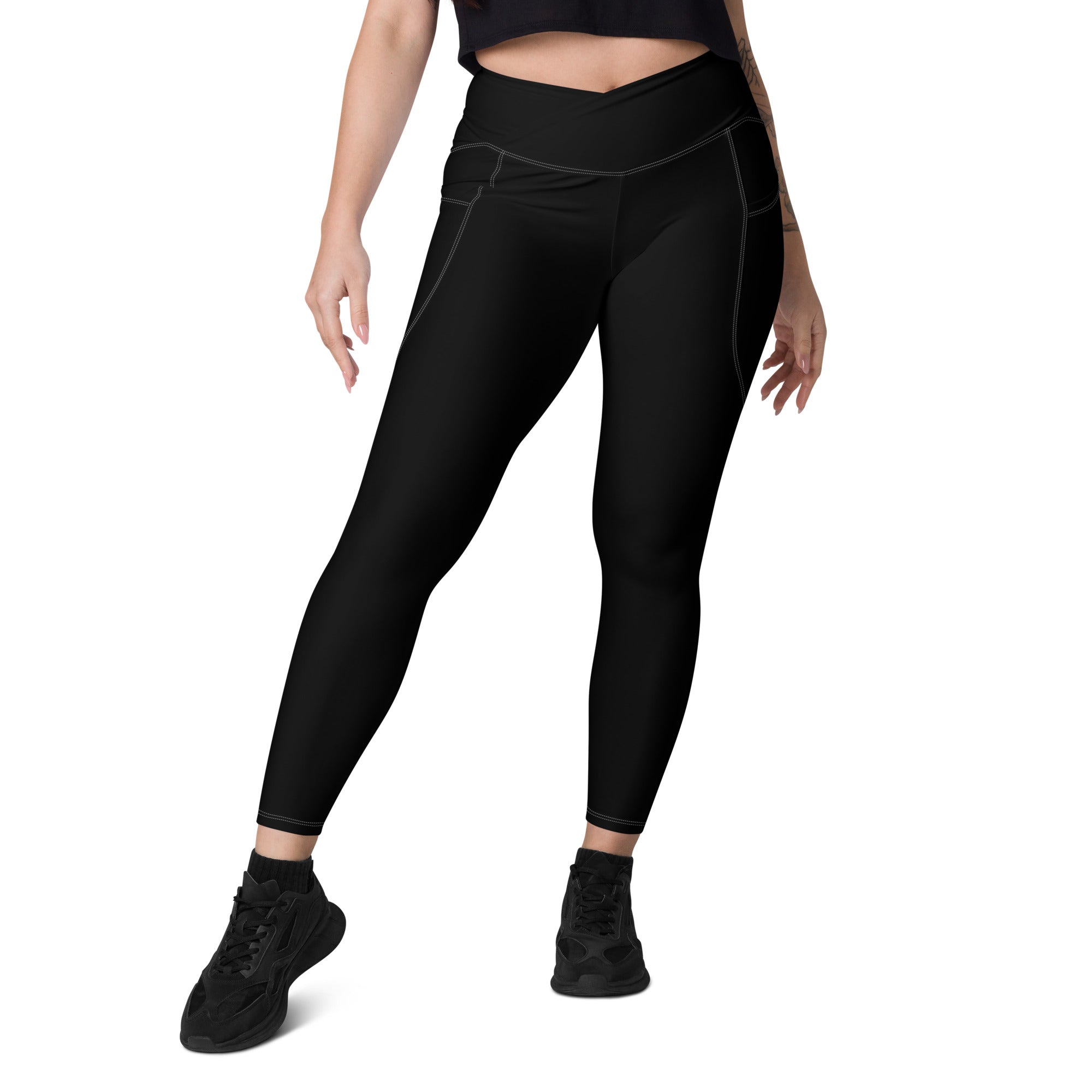 Basics - Black Crossover leggings with White Stitch