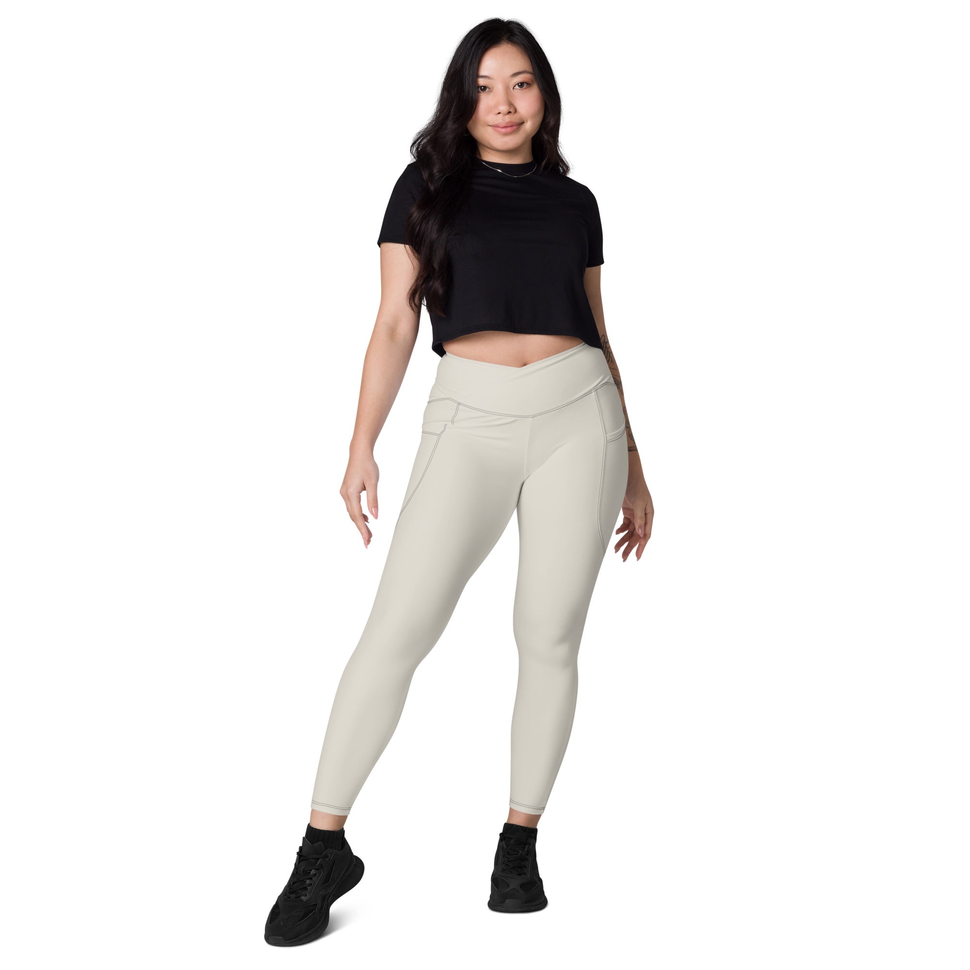 Basics - Bone Crossover Leggings with Black Stitch