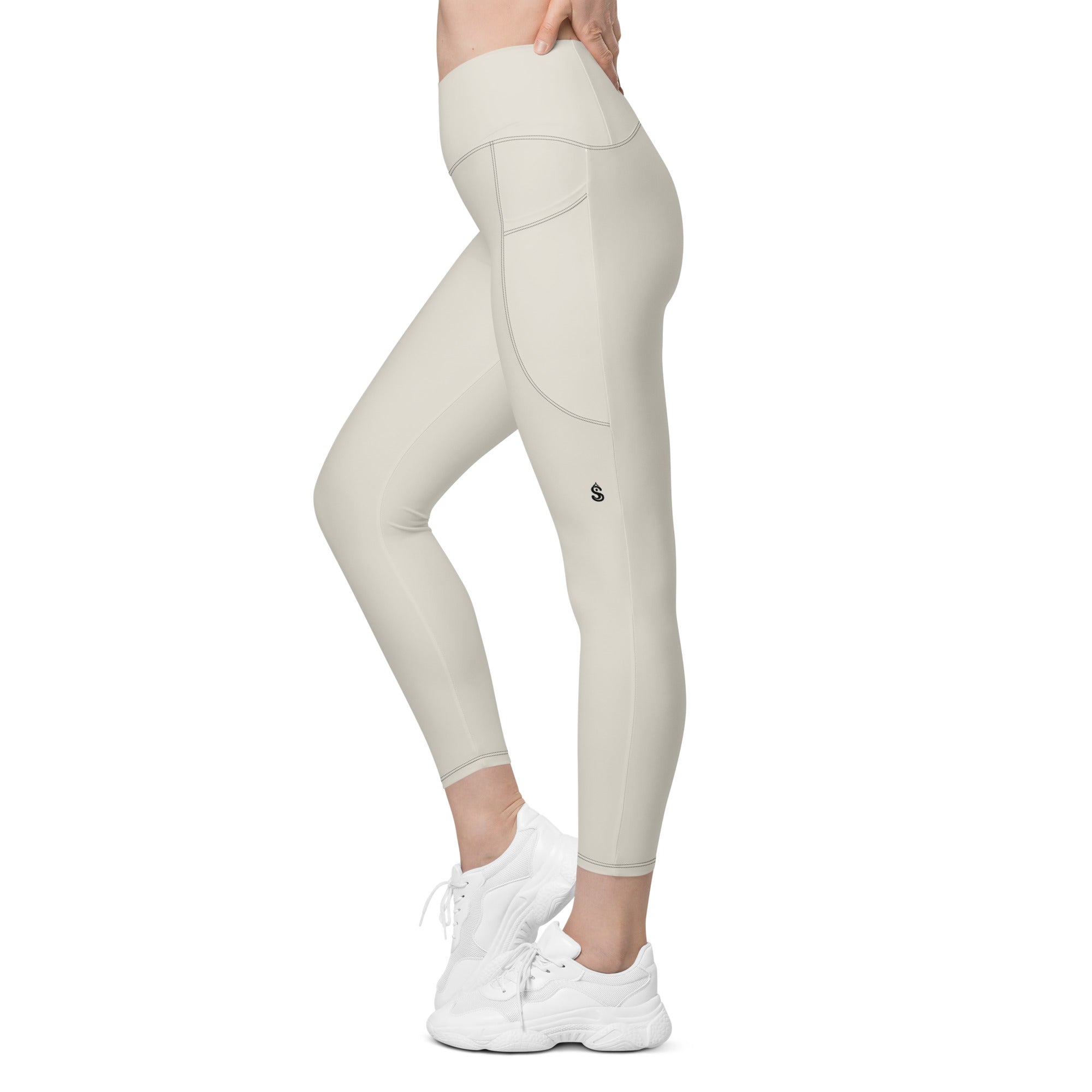 Basics - Bone Crossover Leggings with Black Stitch