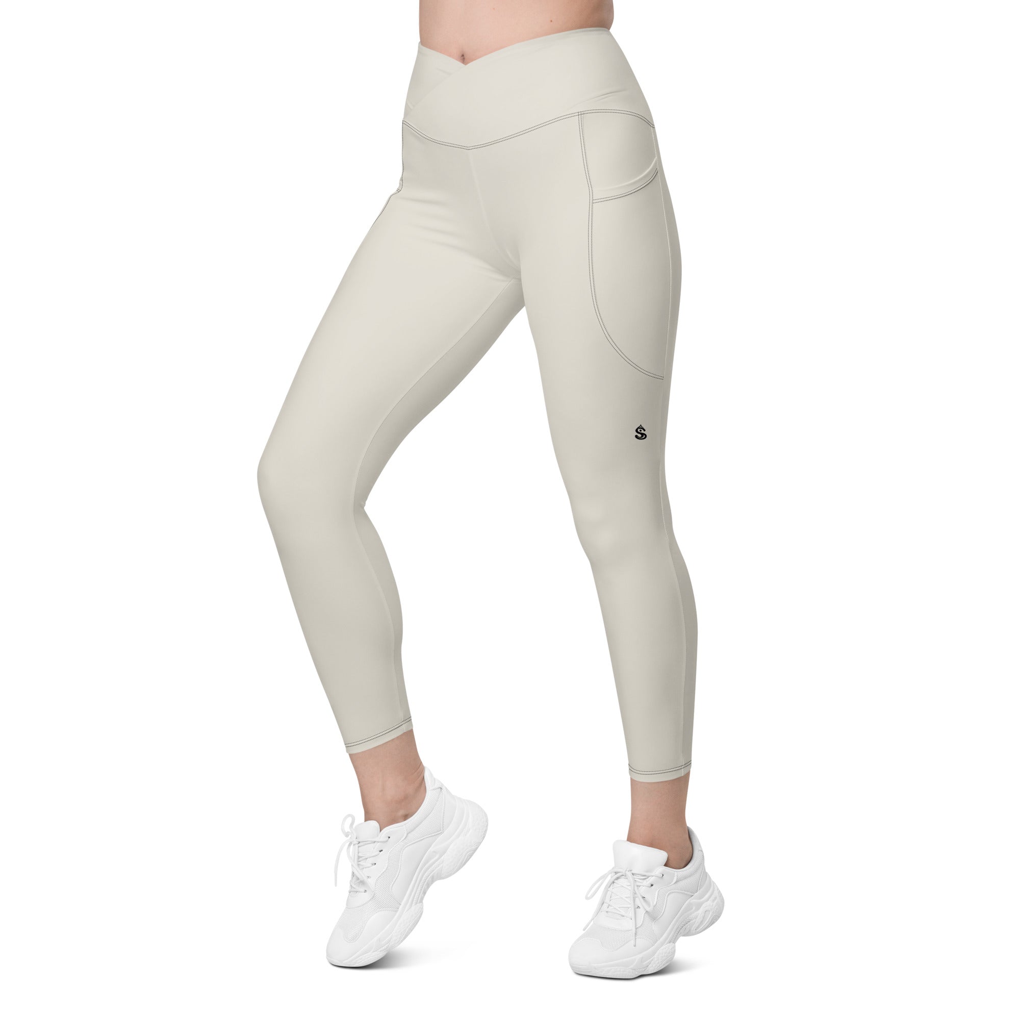 Basics - Bone Crossover Leggings with Black Stitch